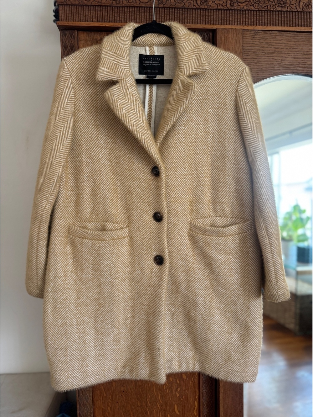 Sanctuary Anthropologie Coat Womens Petite XS Tan Herringbone Button Jacket